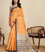 Orange linen printed saree with blouse