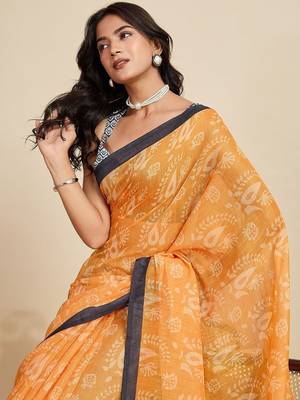 Orange linen printed saree with blouse 2