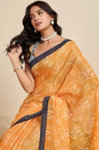 Orange linen printed saree with blouse