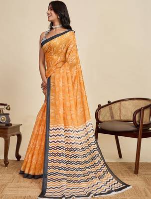 Orange linen printed saree with blouse 3