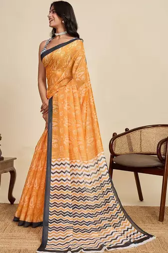 Orange linen printed saree with blouse