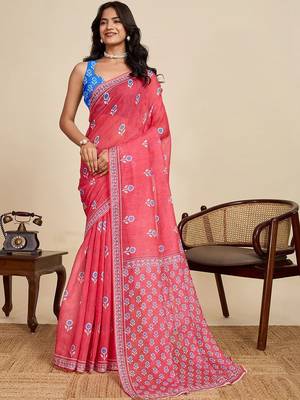 Red linen printed saree with blouse 1