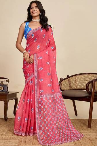 Red linen printed saree with blouse