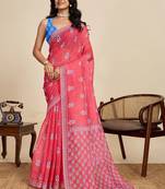 Red linen printed saree with blouse