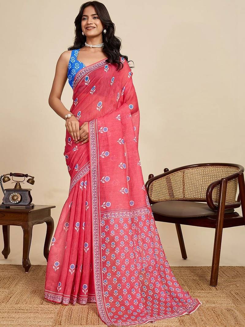 Red linen printed saree with blouse