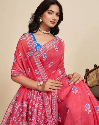Red linen printed saree with blouse 2