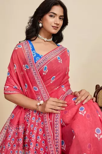 Red linen printed saree with blouse