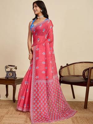 Red linen printed saree with blouse 3