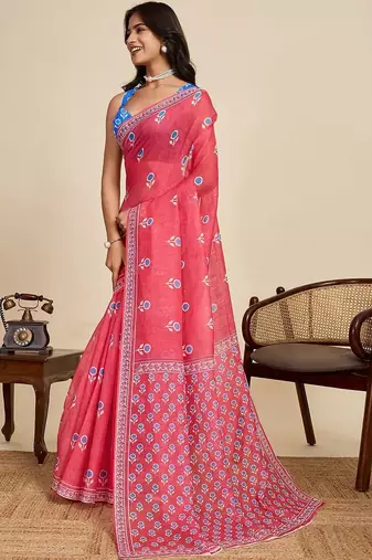 Red linen printed saree with blouse