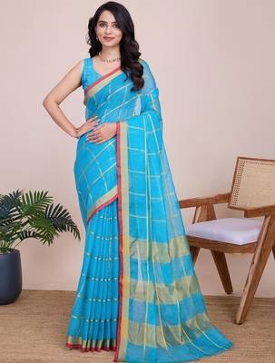 Blue silk blend checked saree with blouse 1
