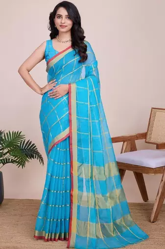 Blue silk blend checked saree with blouse
