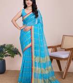 Blue silk blend checked saree with blouse