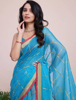Blue silk blend checked saree with blouse 2
