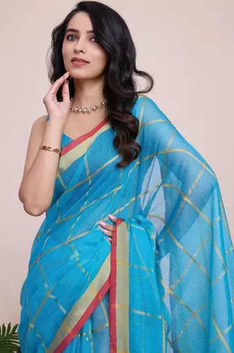 Blue silk blend checked saree with blouse