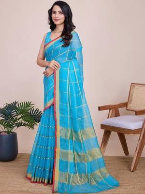 Blue silk blend checked saree with blouse 3