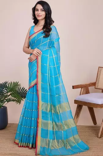 Blue silk blend checked saree with blouse