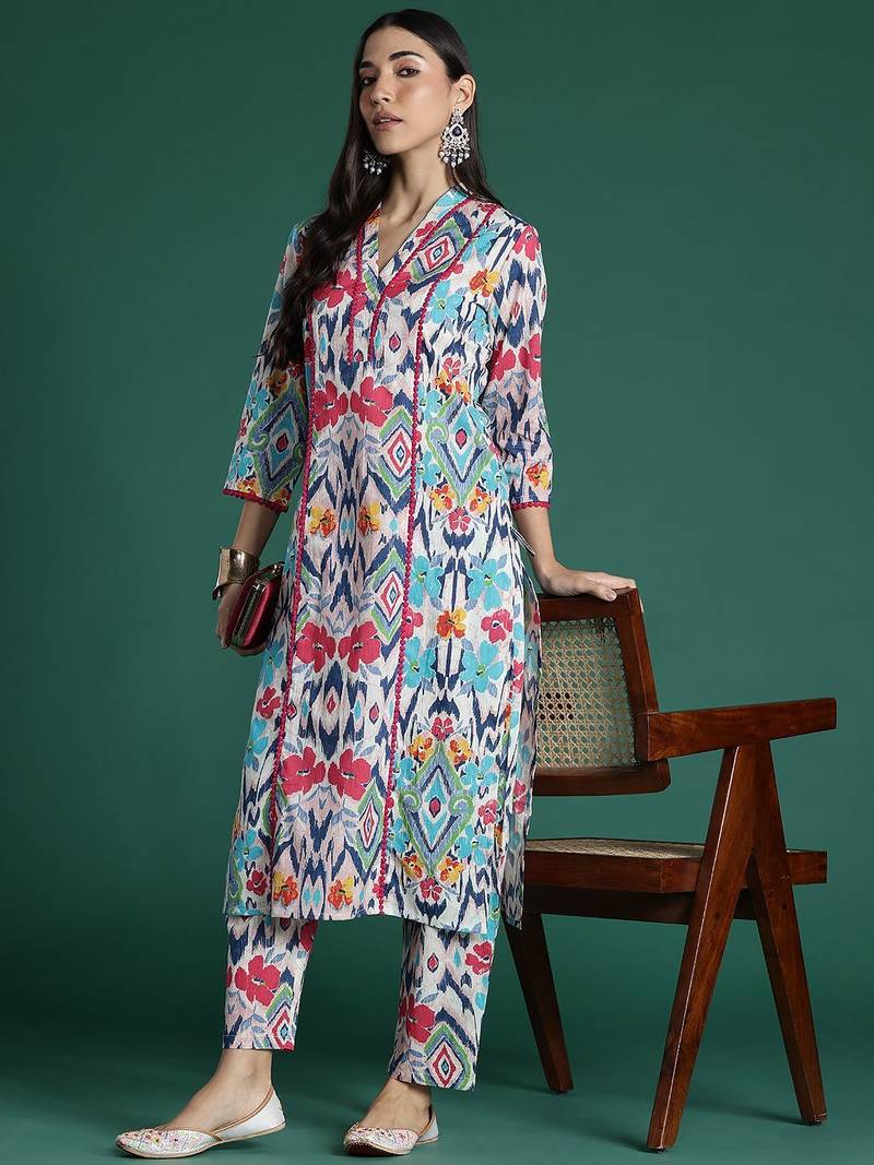 Women Printed Panelled Pure Cotton Kurta with Trousers
