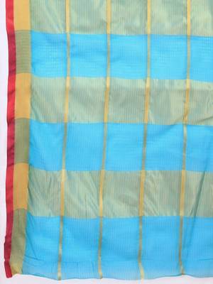 Blue silk blend checked saree with blouse 4