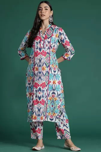 Women Printed Panelled Pure Cotton Kurta with Trousers