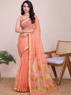 Peach silk blend woven design saree with blouse 1