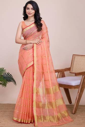 Peach silk blend woven design saree with blouse