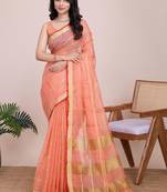 Peach silk blend woven design saree with blouse