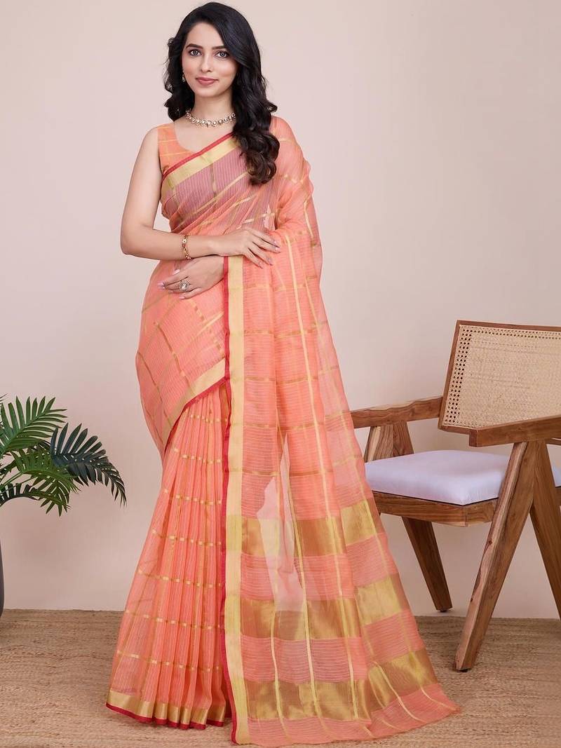 Peach silk blend woven design saree with blouse
