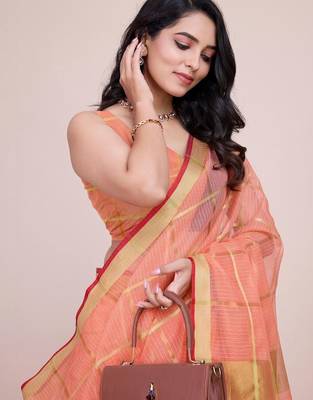 Peach silk blend woven design saree with blouse 2