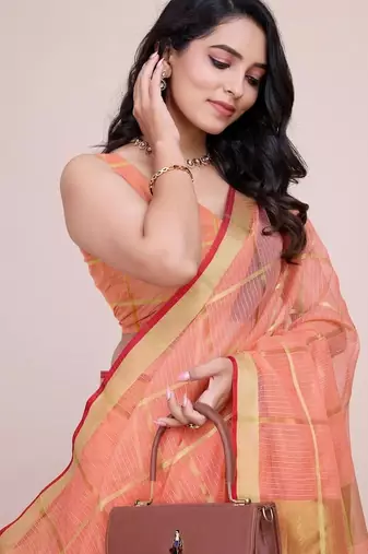 Peach silk blend woven design saree with blouse