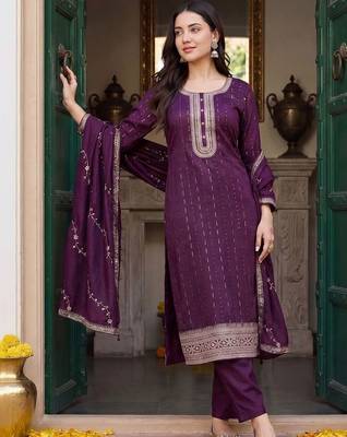 Women Ethnic Motifs Embroidered Regular Thread Work Kurta with Trousers & With Dupatta 1
