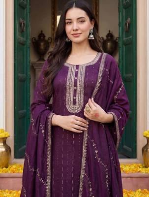 Women Ethnic Motifs Embroidered Regular Thread Work Kurta with Trousers & With Dupatta 2
