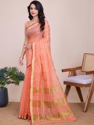 Peach silk blend woven design saree with blouse 3