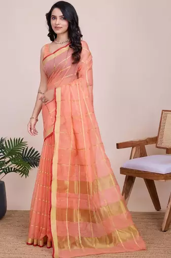 Peach silk blend woven design saree with blouse