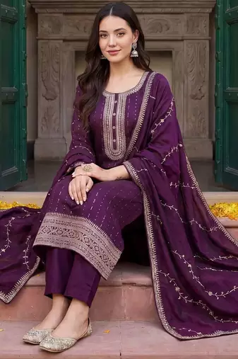 Women Ethnic Motifs Embroidered Regular Thread Work Kurta with Trousers & With Dupatta
