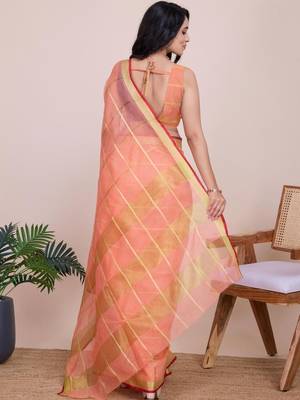 Peach silk blend woven design saree with blouse 4