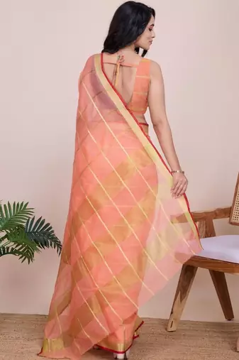 Peach silk blend woven design saree with blouse