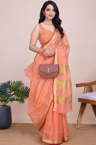 Peach silk blend woven design saree with blouse