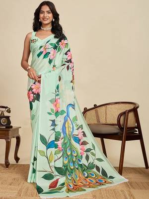 Sea green silk blend printed saree with blouse 1