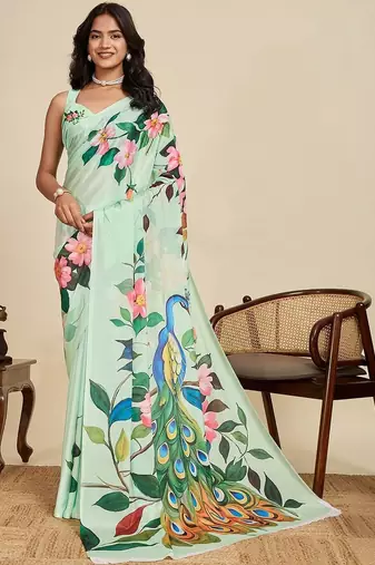 Sea green silk blend printed saree with blouse