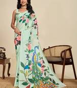 Sea green silk blend printed saree with blouse