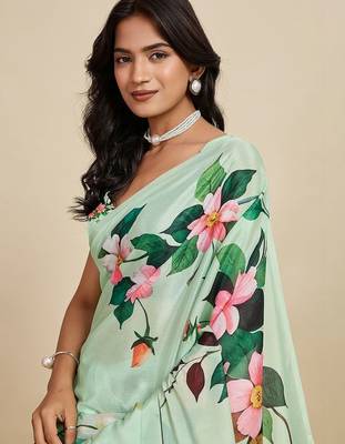 Sea green silk blend printed saree with blouse 2