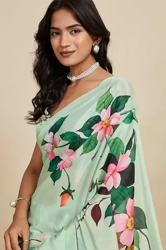 Sea green silk blend printed saree with blouse