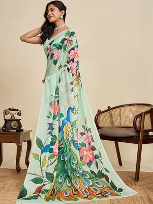 Sea green silk blend printed saree with blouse 3