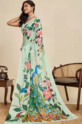 Sea green silk blend printed saree with blouse