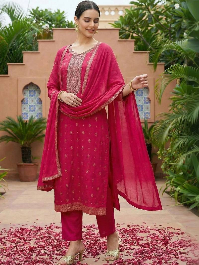 Women Embroidered Regular Kurta with Trousers & With Dupatta