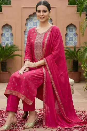 Women Embroidered Regular Kurta with Trousers & With Dupatta