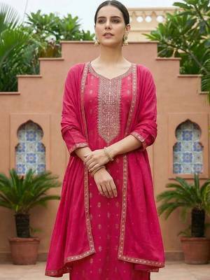 Women Embroidered Regular Kurta with Trousers & With Dupatta 4