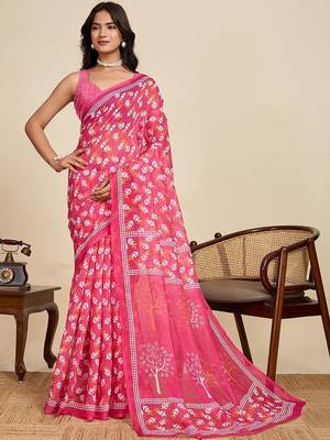 Pink linen printed saree with blouse 1