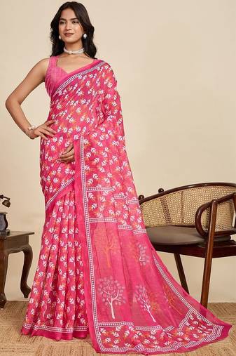Pink linen printed saree with blouse