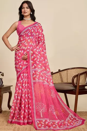 Pink linen printed saree with blouse